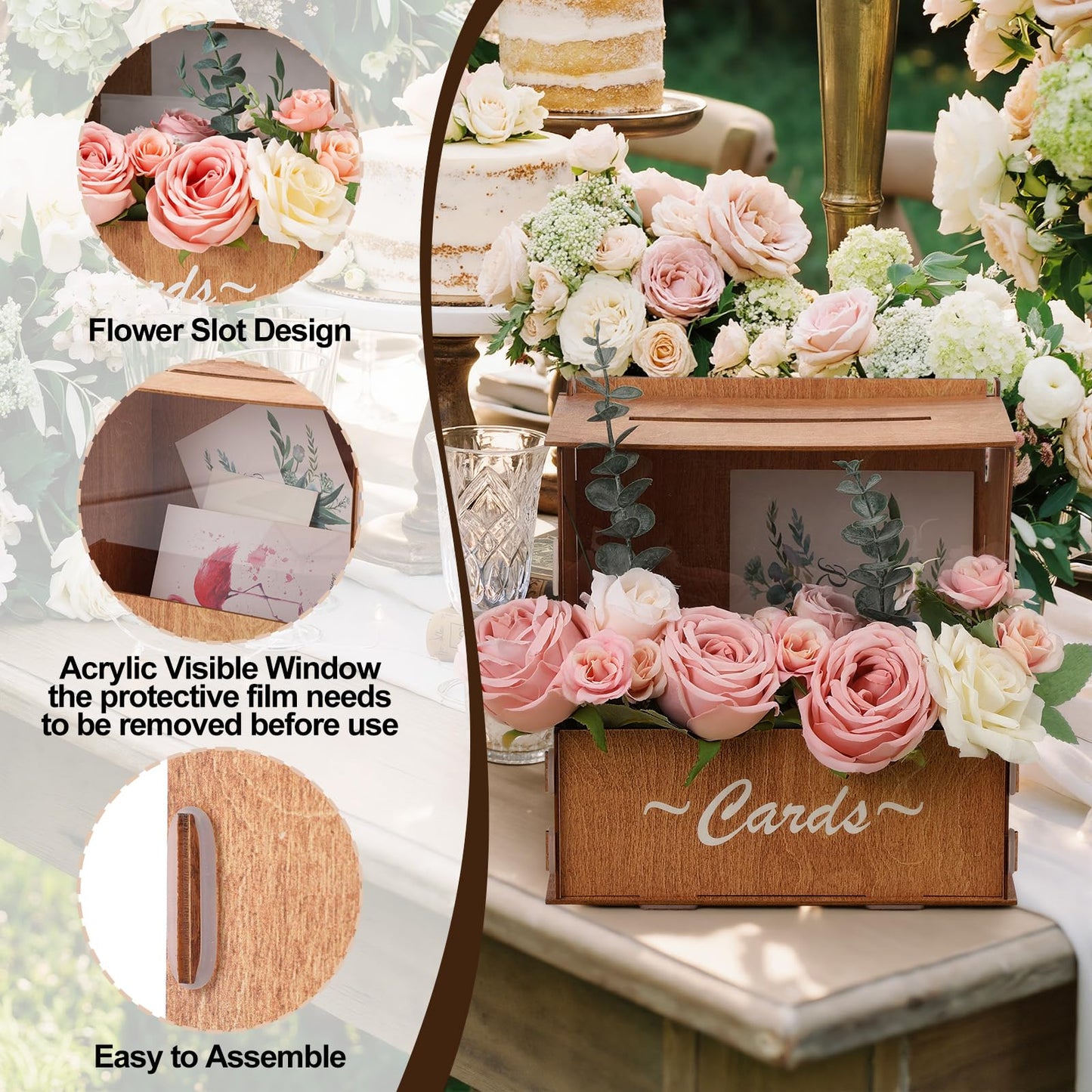 AceOrbit Wooden Rustic Wedding Card Box for Reception with Acrylic Window & Flower Holder, 9.8" Wood Money Gift Card Box with Slot, Holds 250 Cards, for Honeymoon Fund Graduation Baby Shower Party