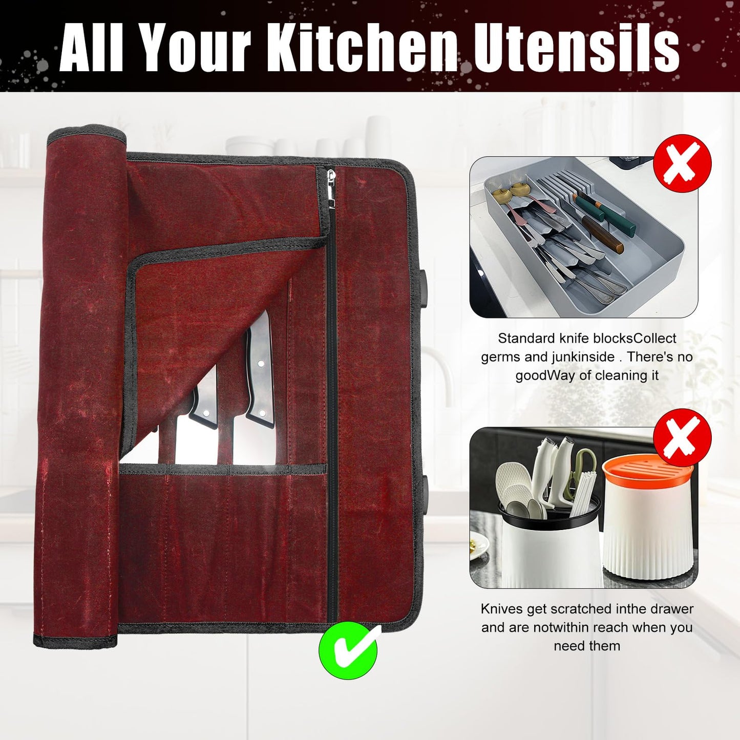 Chef Knife Roll Bag,Waxed Canvas Knife Travel Case,Heavy Duty Professional Knife Carrier Storage Holder with 10 Slots,Portable Kitchen Culinary Tool Organizer for Men,Fits up to 18.8” Knives.Burgundy