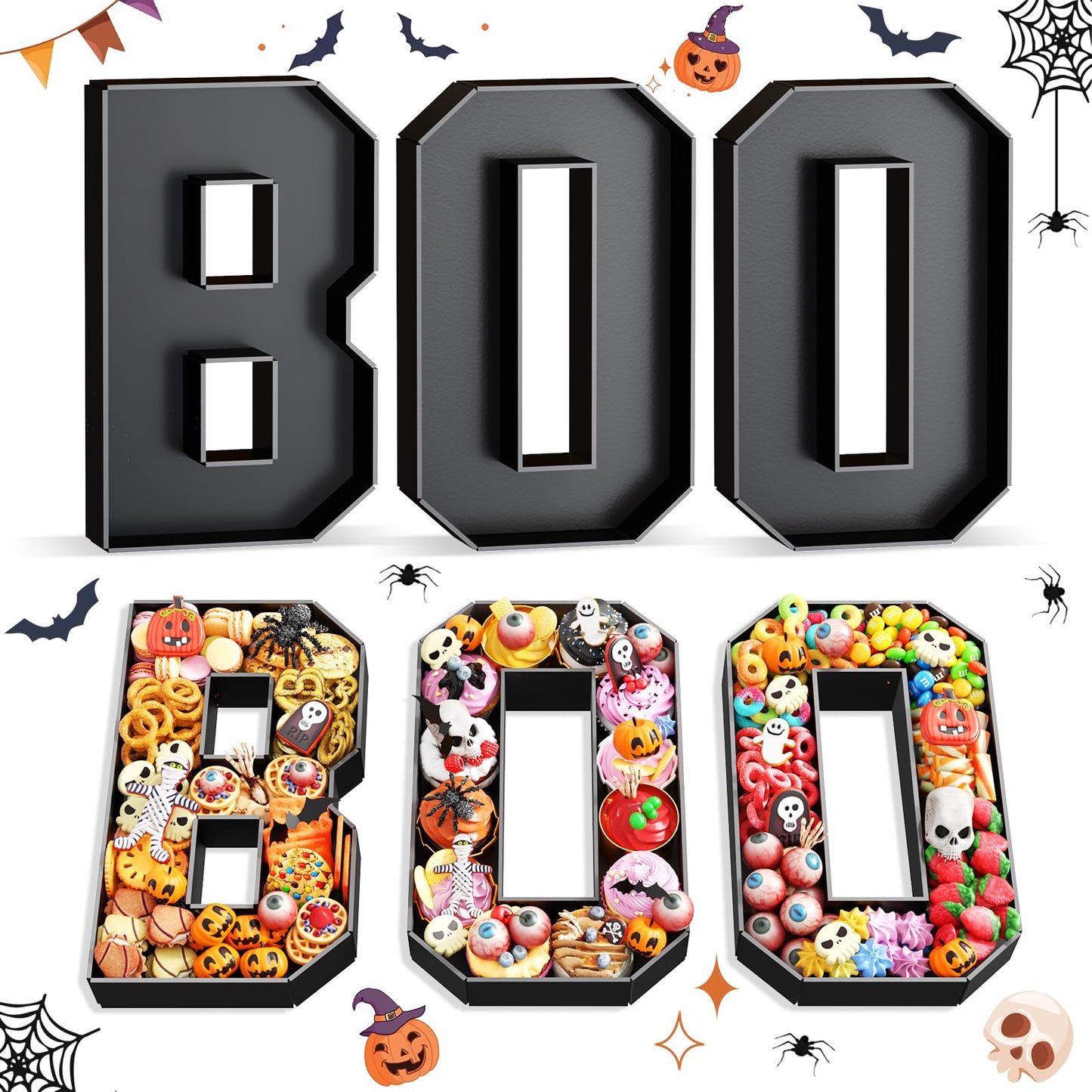 Paready Halloween Charcuterie Letters Boo, 13.78" Fillable Foam Cardboards Boo Black Charcuterie Tray Box for Candy, Treats, Snack, Cupcakes Container for Horror Halloween Party Decorations
