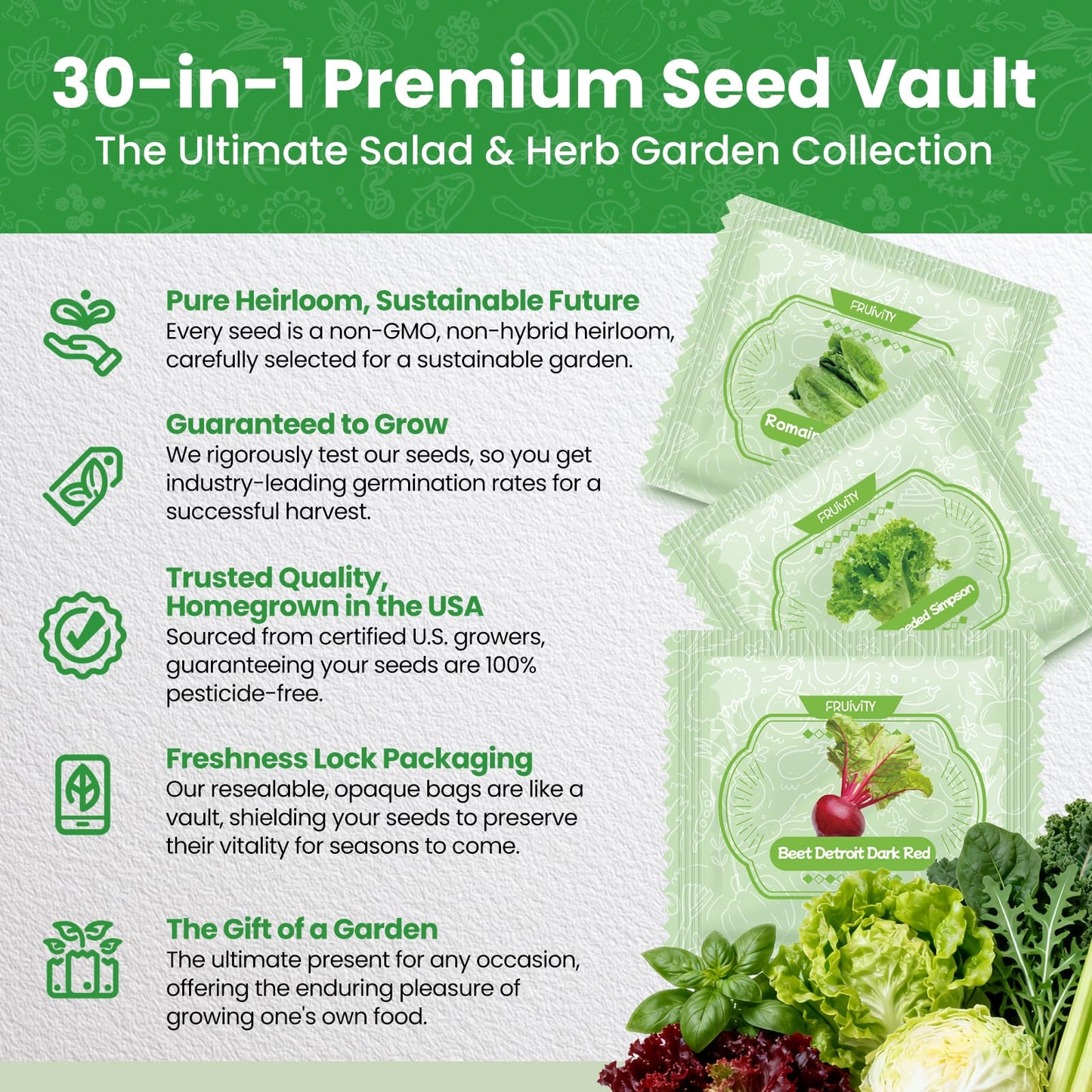 Fruivity 30 Heirloom Seeds Variety Pack - 18500+ Seeds for Planting Vegetables, Home Garden Seeds for Hydroponic, Indoor and Outdoor, Unique Gift for Mother, Women, Mom, Friend, Her