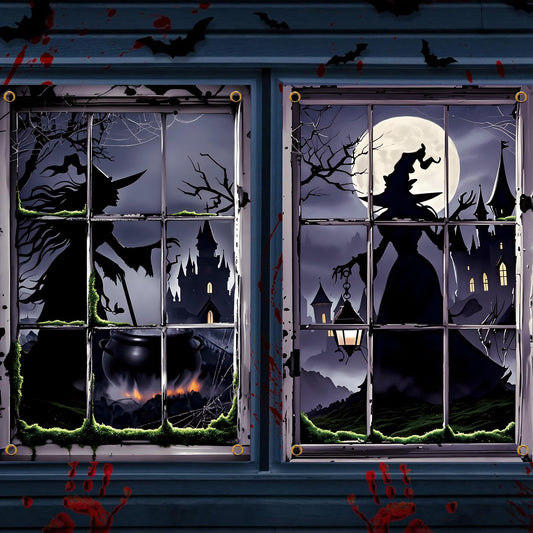 2 Pcs Halloween Window Decorations, Halloween Window Cover, Horror Window Poster for Indoor and Outdoor Party Decorations, 32x47 inch (Witch)