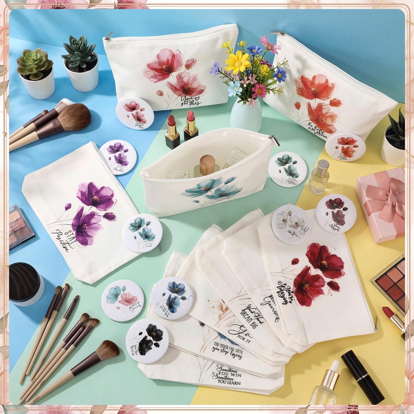 Sieral 20 Pcs Inspirational Appreciation Gifts for Women 10 Inspirational Canvas Makeup Bags 10 Compact Mirror Bulk Cosmetic Bags Portable Mirror Thank You Gifts for Coworkers Staff Friends