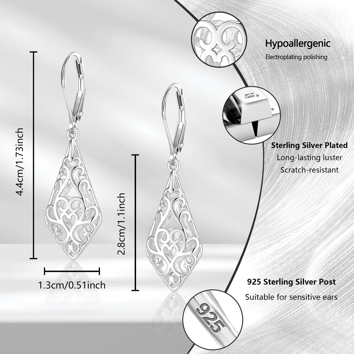 925 Sterling Silver Dangle Earrings for Women, Geometric Filigree Dangling Leverback Earrings, Silver Hypoallergenic Lightweight Dangly Drop Earings for Women Trendy Jewelry Gifts