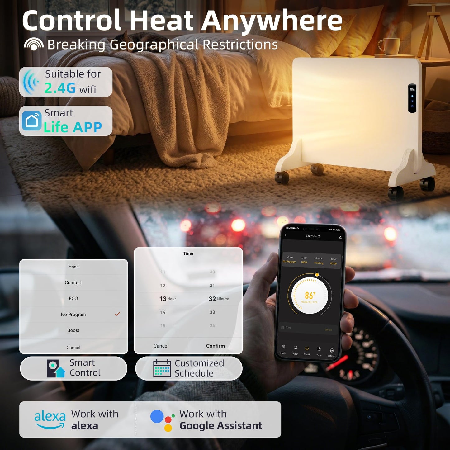 Smart Convection Space Heater, Movable Floor Heater with Wall Mounted Kit for Indoor Use, 600W Energy Efficient Heaters, Remote/APP Control, Quiet Heaters for Bedroom, Office etc