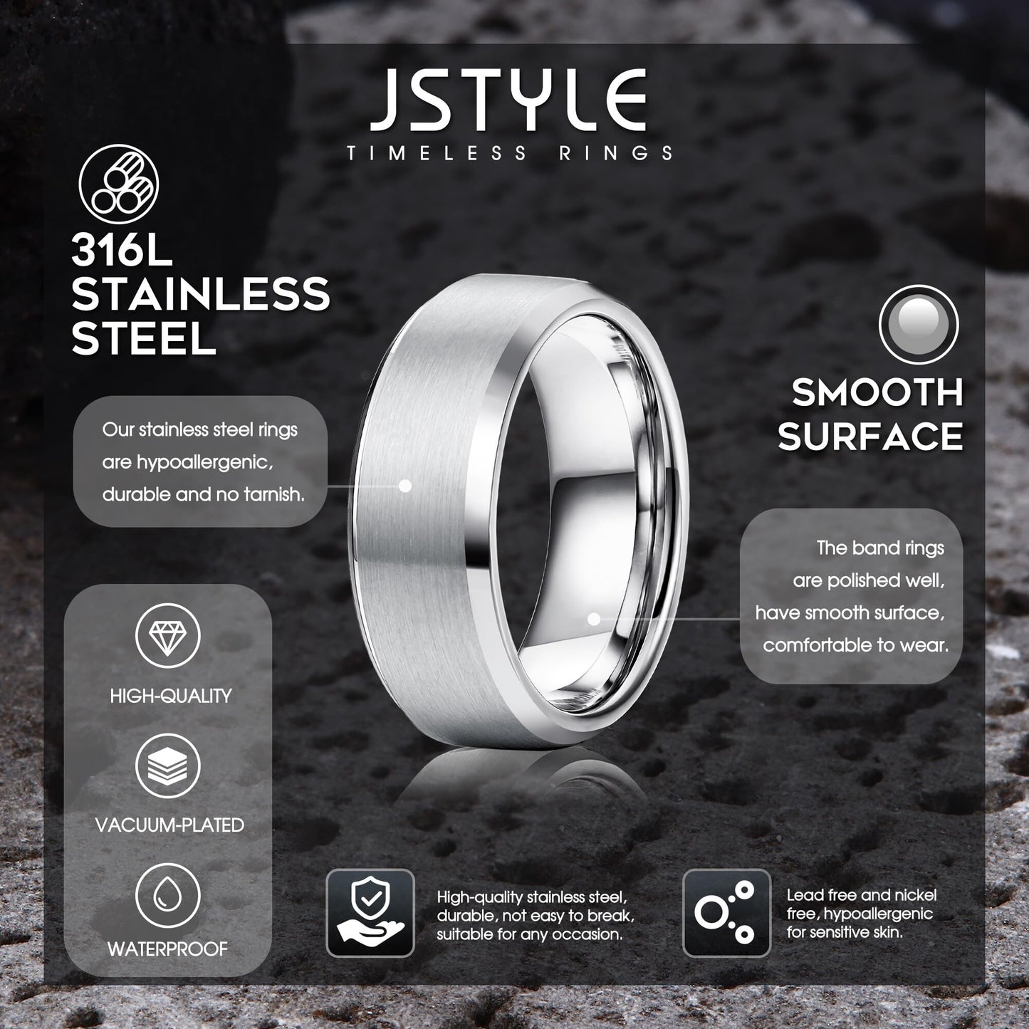 Jstyle Stainless Steel Rings for Men Women 8MM Wedding Band Rings Matte Surface - Beveled Polished Edge Mens Ring Size 9.5 Silver Plated Ring for Men