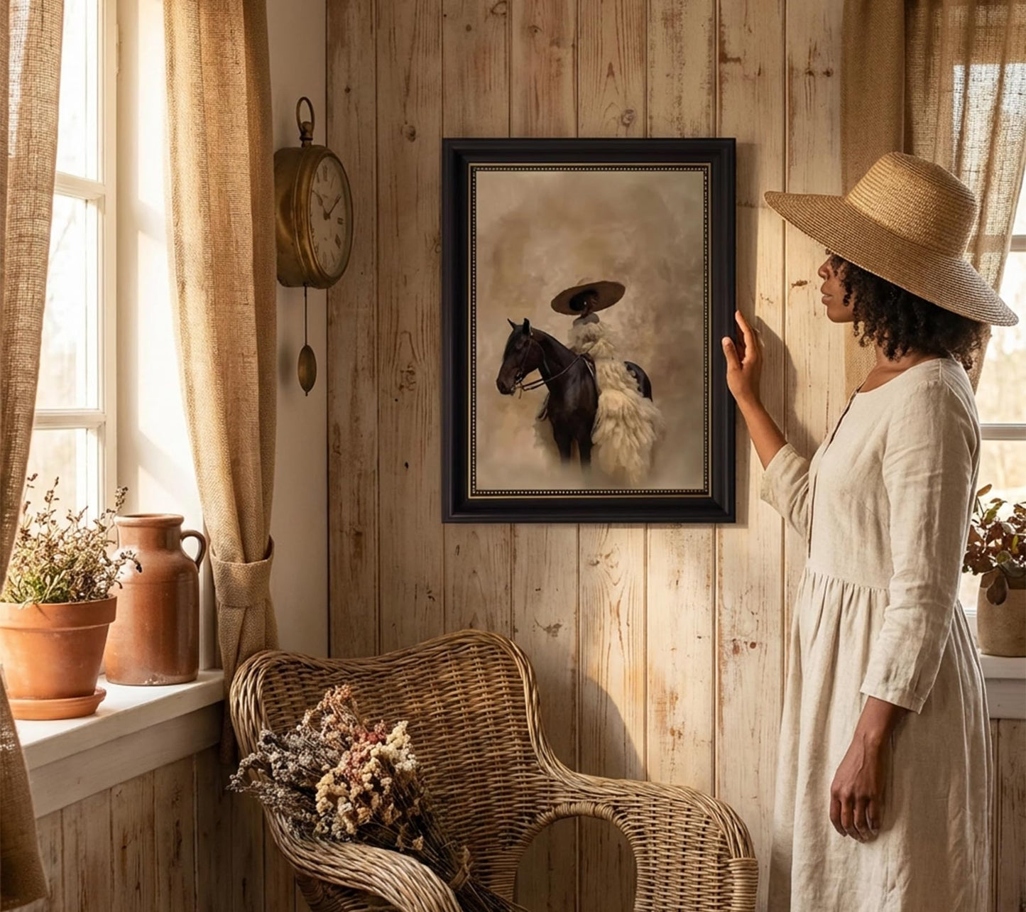 Dark Brown Framed Western Cowgirl Wall Art Trendg Black Girl Riding Horse Canvas Wall Decor African American Bride Woman Poster Print Artwork for Living Room Dormitory Bedroom 9x11 inch