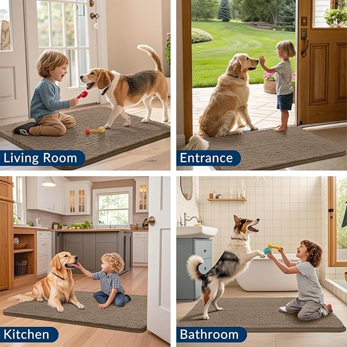 Smiry Dog Door Mat for Muddy Paws 24x16, Absorbs Moisture and Dirt Doormat, Non-Slip Washable Quick Dry Chenille Front Door Mat Indoor Entrance, Entryway Carpet for Inside Floor, Camel