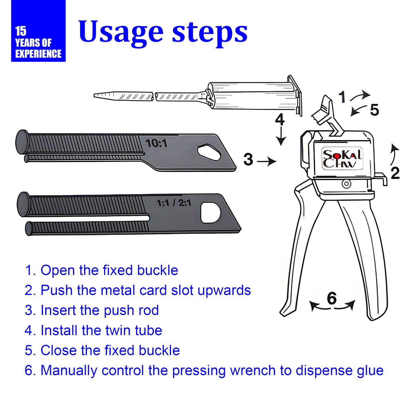 SoKalChw Mixing dispensing gun, Epoxy glue gun, AB Impression Material Gun ratio 1:1/2:1 for 50ml, Compatible with 3M adhesive 04747 cartridges and double cartridges, With 10 pcs 3.3in mixing nozzl