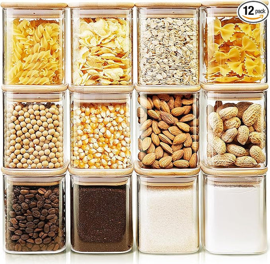 HomArtist Square Glass Jars with Bamboo Lids 17 FL OZ [Set of 12], Glass Canisters with Airtight Lids, Glass Food Storage Containers for Spice, Sugar, Tea, Candies, Cookies, Best for Kitchen & Pantry