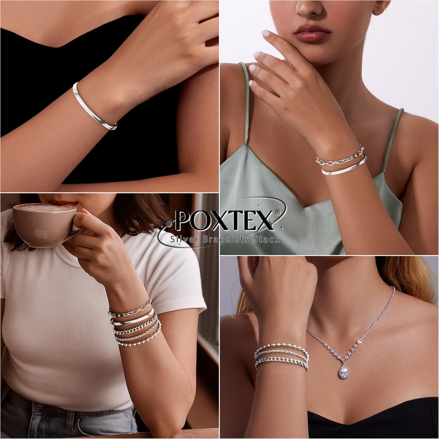 Silver Bracelets for Women Non Tarnish, Dainty Waterproof Silver Stackable Bracelet Set Stack With Beaded, Cuban, Paperclip, Snake, Rope, Silver Jewelry Gifts for Women Trendy