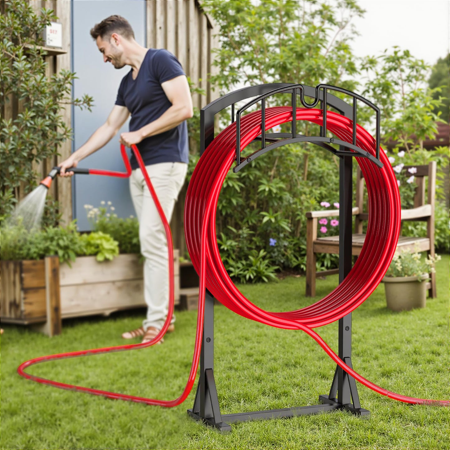 Minicloss Garden Hose Holder, Heavy Duty Hose Hanger with 4 Spikes,Freestanding Water Hose Holders Rack for Outside Lawn & Yard