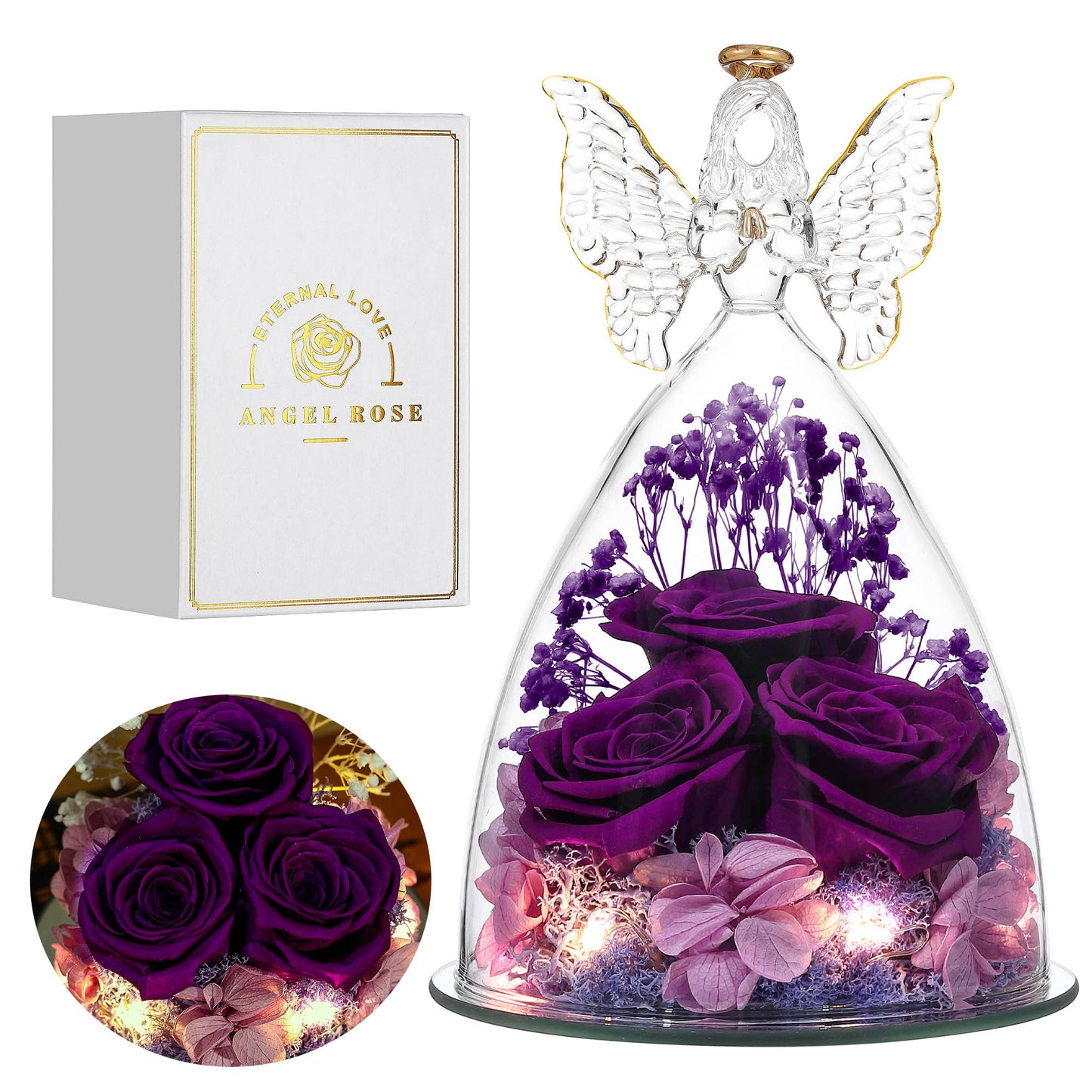 Tiaronics Mothers Day Rose Gifts for Women Preserved Real Flower in Glass Angel Figurines Roses for Delivery Prime Birthday Gifts for Mom Grandma Girlfriend Wife Her, Full Purple