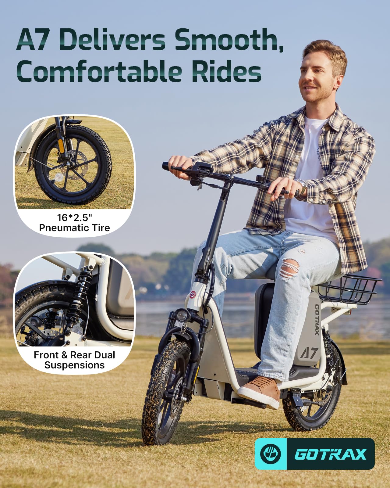 Gotrax A7 Electric Scooter for Adults-16 Pneumatic Tires, 500W Motor Hits 20 Mph, 28 Miles Range & 2 Gears, Comfortable Seat & Big Seat Bag, Wider Deck & Carry Basket for Daily Commuting White