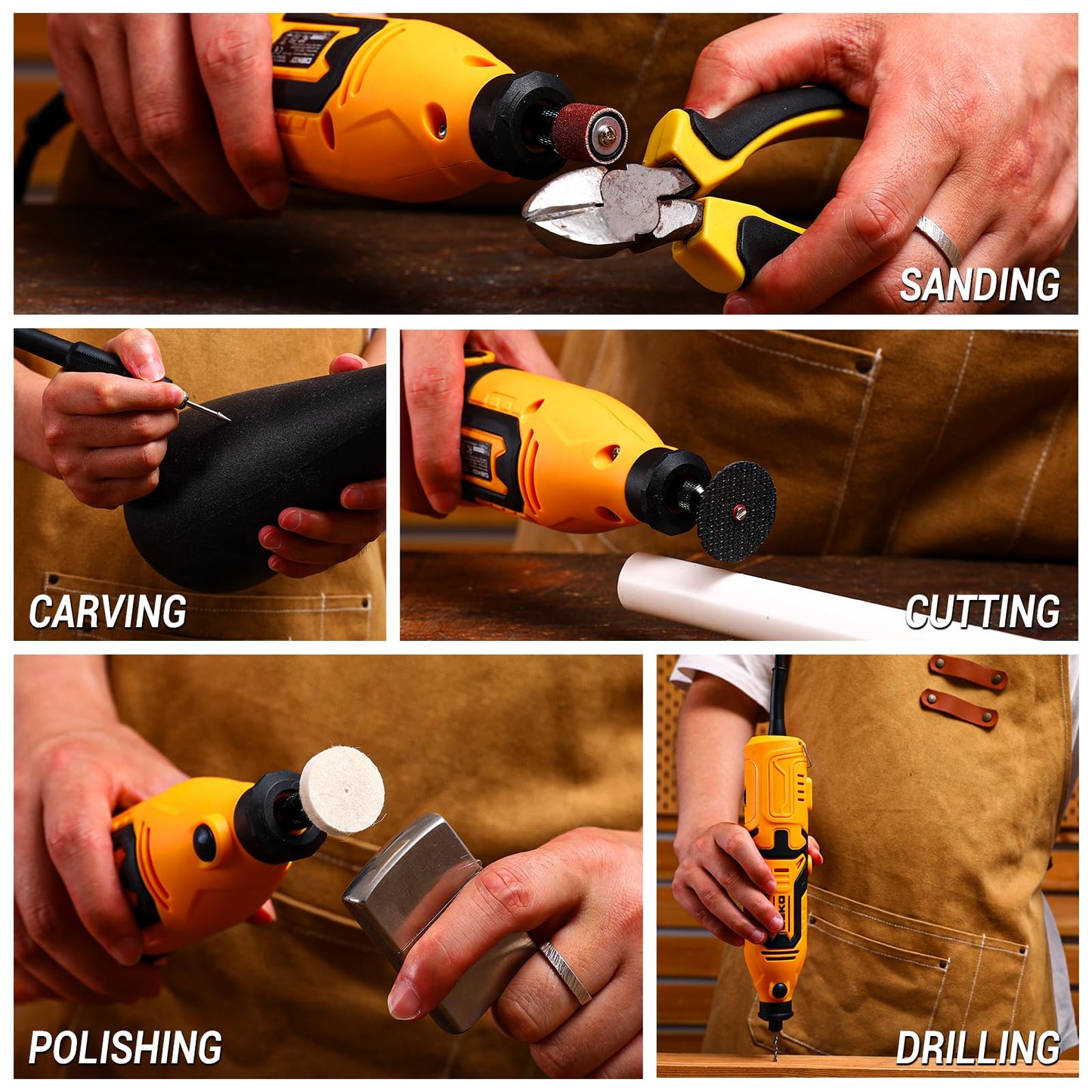 Rotary Tool Kit:DEKOPRO 1.4-Amp Power Hand Rotary Tools with 6 Variable Speed, 127pcs Accessories, 8000~35000RPM Electric Grinder Drill Machine Set with Flex Shaft for Carving, Cutting, Sanding Yellow