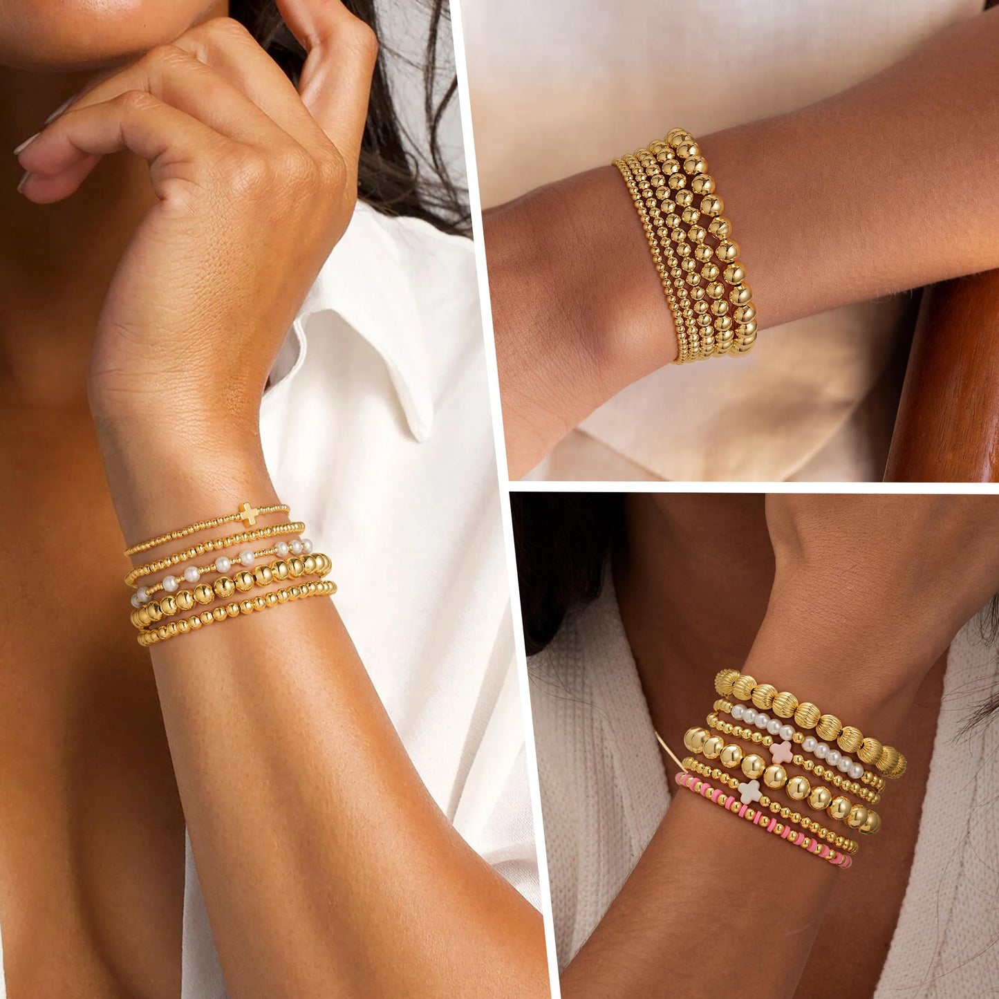 Yoosteel 14K Gold Plated Beaded Bracelet Set for Women, Dainty Bow & Pearl Stackable Stretch Bracelets, 5 Pcs Jewelry Gift