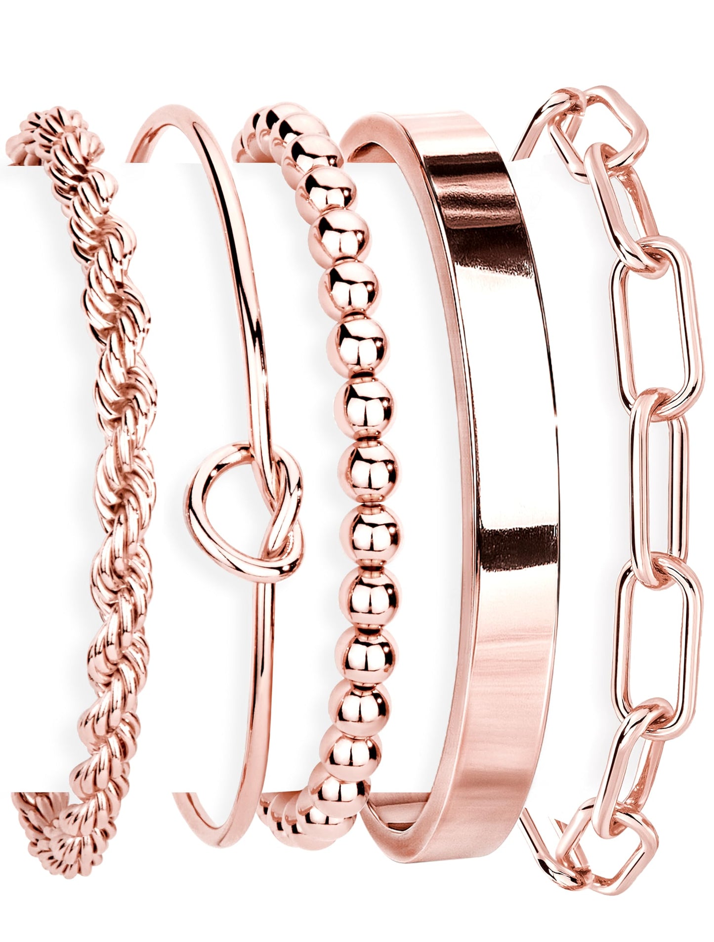 Gokeey Rose Gold Cuff Bracelets for Women,Dainty Rose Gold Bangles Bracelets Set for Women, Paperclip Link Chain Rope Beaded Tie Knot Bracelets Stack Chunky Jewelry