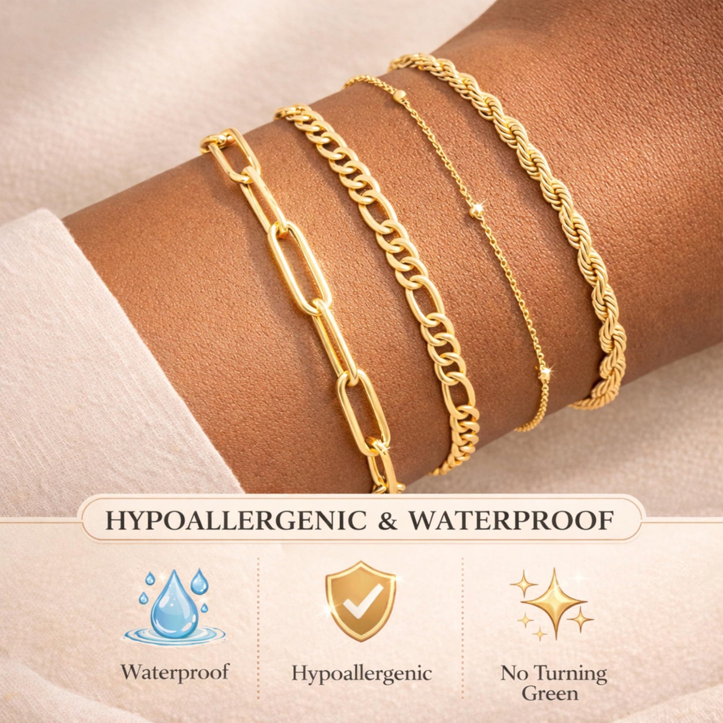 Waterproof Gold Stackable Bracelets Set for Women 4-Piece Stacked Bracelets, 18K Gold Plated Stainless Steel Women’s Bracelet Set, Dainty Layered Bracelets (Paperclip, Figaro, Rope, Satellite)