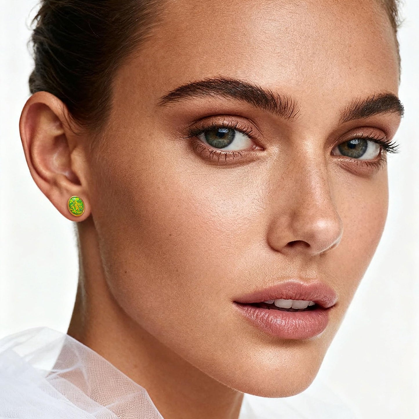 JiayangJY Silver Green Fire Opal Stud Earrings for Women 18K Yellow Gold Plated Sterling Silver Oval Shape 5mm Opal Earrings with Push Back