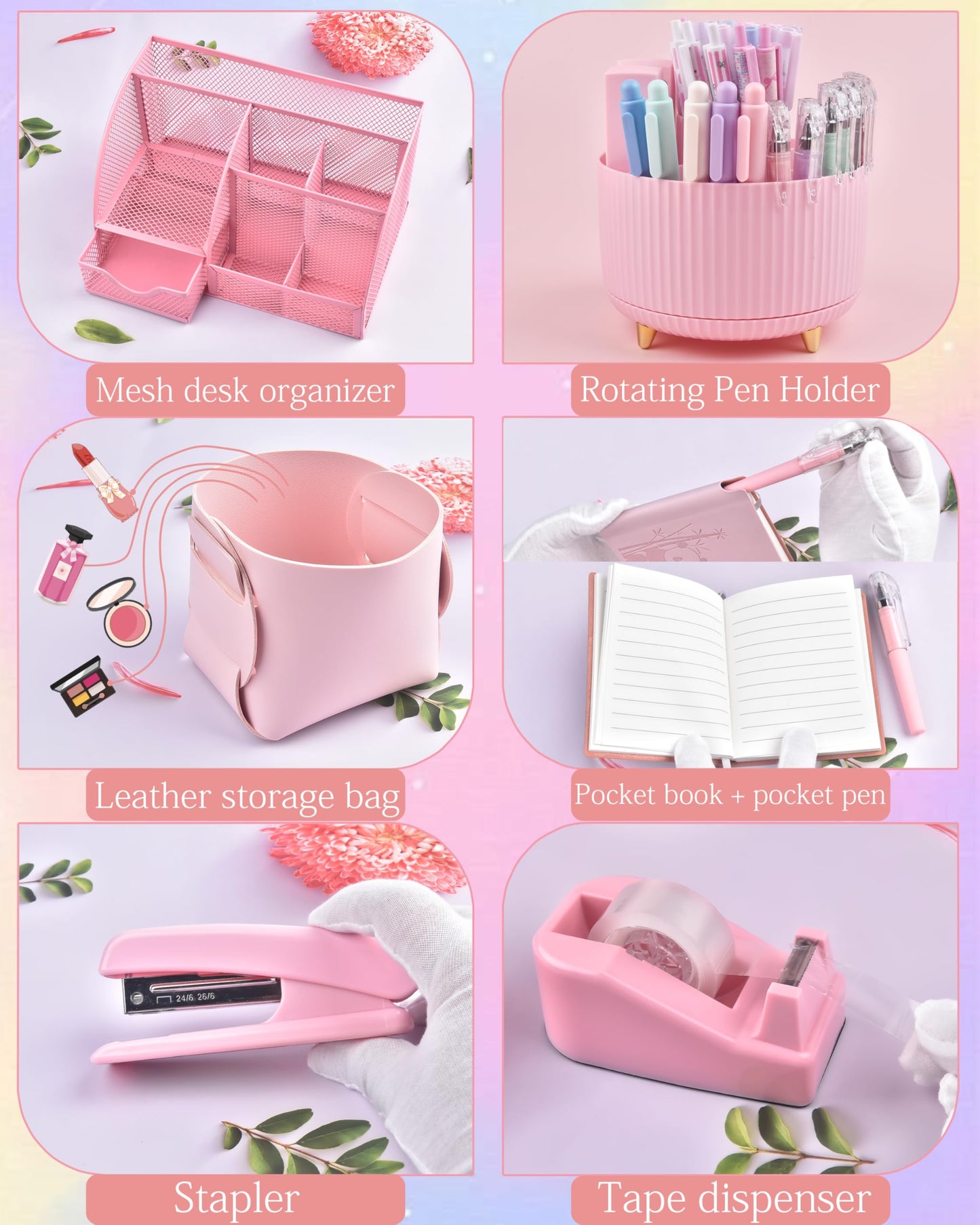 Vamrak Pink Desk Accessories and Organizers with Desk Organizer and 360°Rotating Pen Holder stapler Pen and a Lot of Office Pink Office Supplies Beautifully Presented in a Gift Box