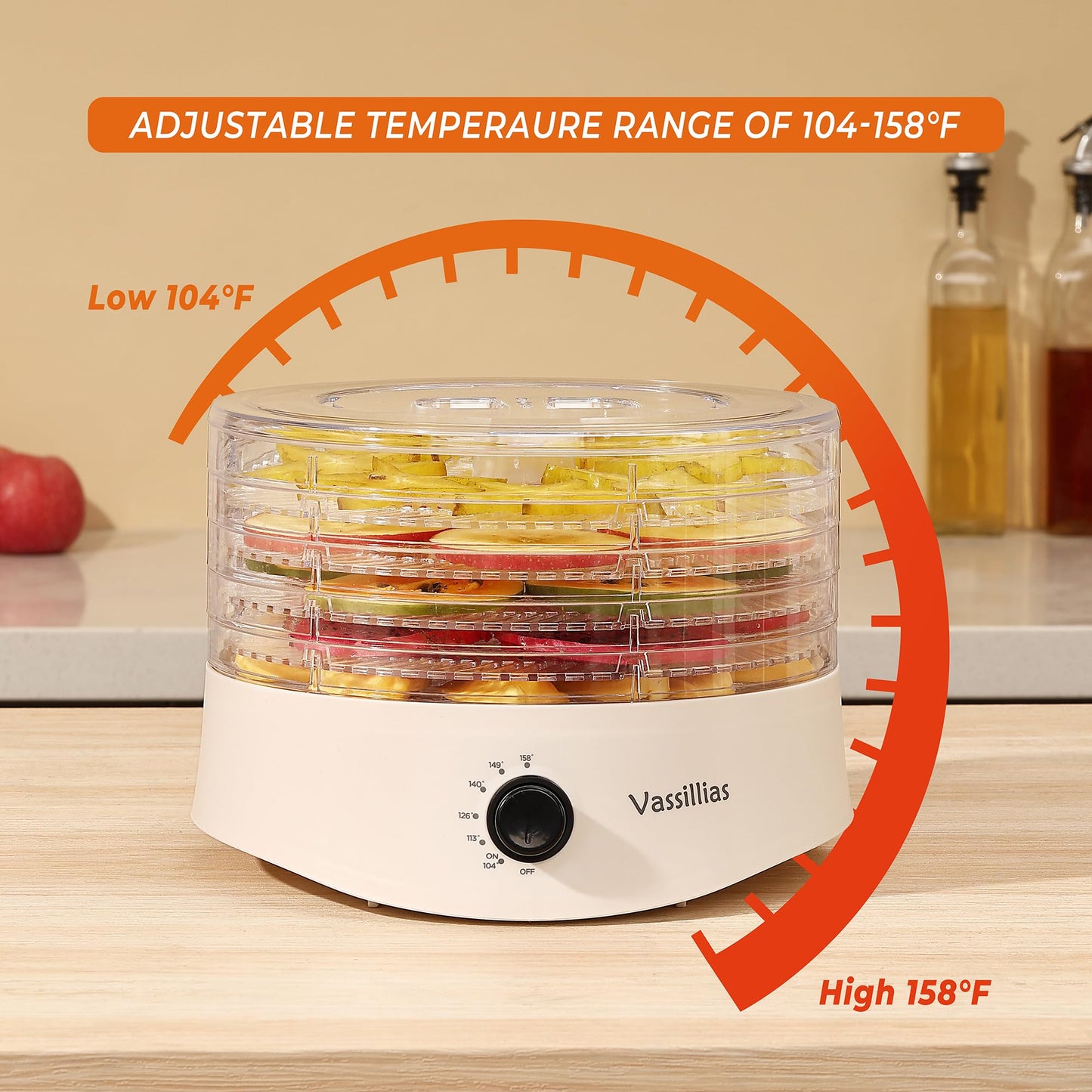 Small Food Dehydrator Dryer - Dehydrator for Healthy Food, Meat, Jerky, Fruit, Vegetable, Mushroom and Herb, 280W, 158°F, Mini Dryer with 5 BPA-Free Drying Racks and Slide Out Tray, White, Model 704M