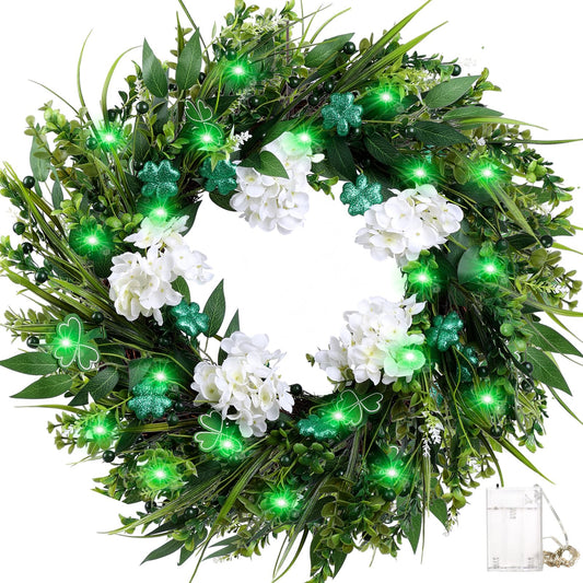 22" st Patricks Day Wreaths for Front Door, Green Shamrock & White Hydrangea Artificial Wreaths with LED Lights, Spring Holiday Wreath for Wall Window Porch Home Decor