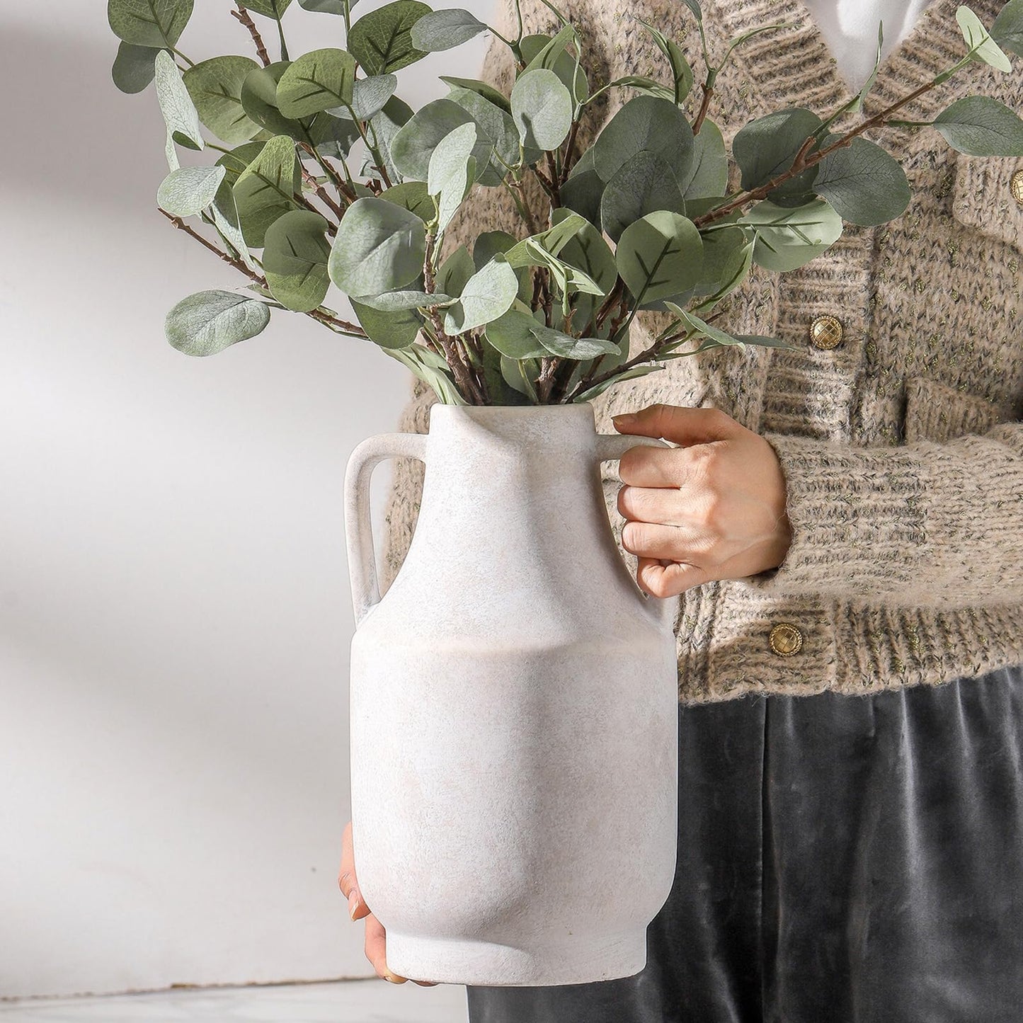 Mitt&Ditt Ceramic Flower Vase with Handles, 11 inch Tall Off-White Vase, Large Decorative Terracotta Vases, Farmhouse Rustic Pottery Vases for Home Decor, Living Room, Table