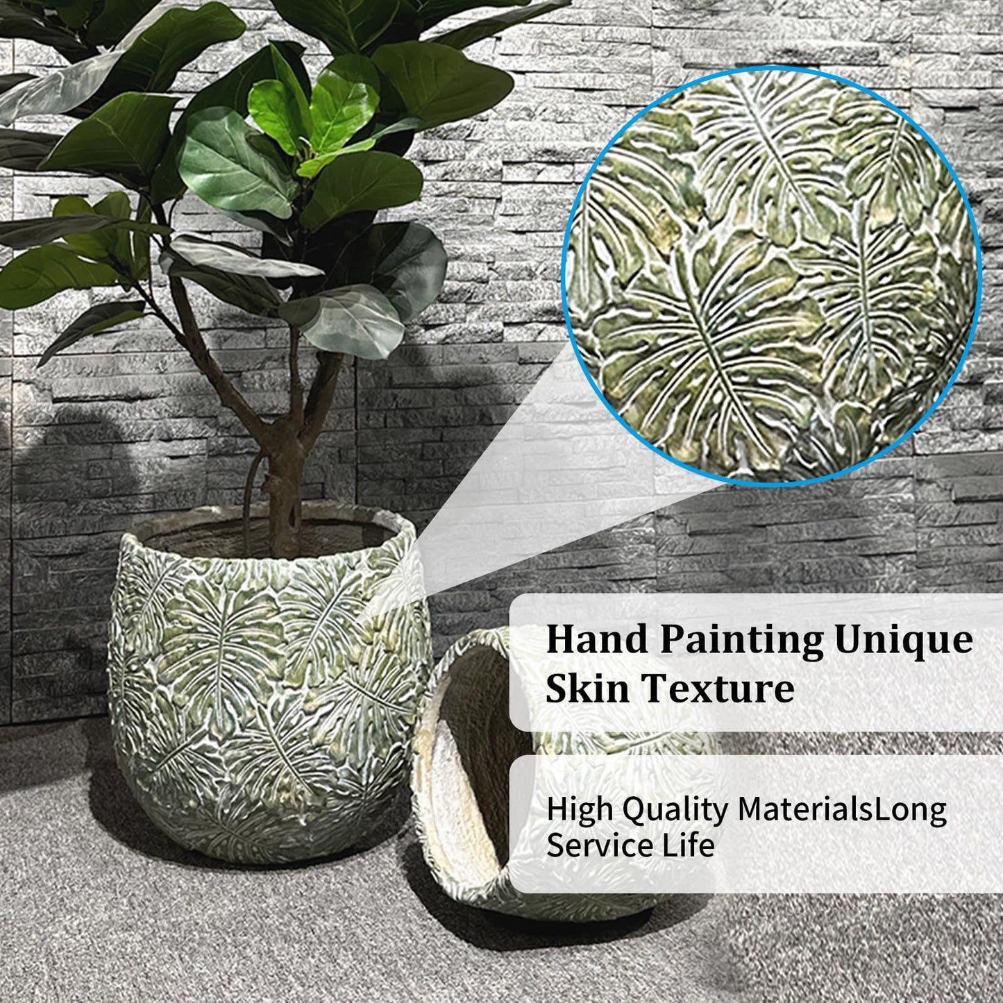 ShangDemonMaster Craft flowerpots 18"+13"+9" Dia Round Concrete Planter Set of 3 Large Outdoor/Indoor Planter Pots Containers with Drainage Holes and Rubber Plug for Home Garden (Green, Large)