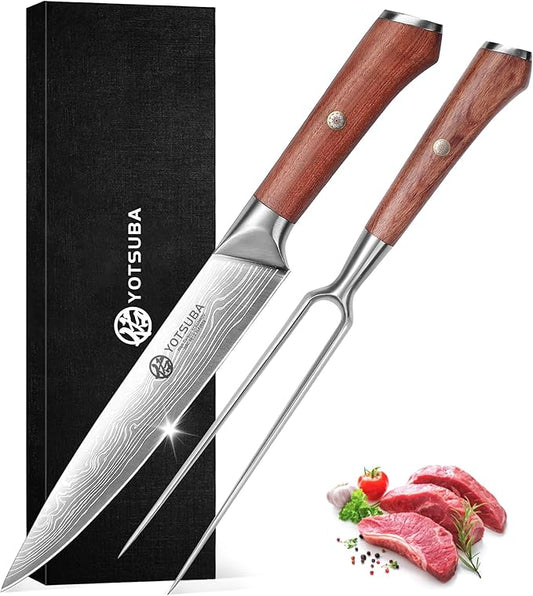 YOTSUBA Carving Knife and Fork Set, Meat Cutting Knife, Razor-Sharp German Stainless Steel Knives Fork Set with Ergonomic Wood Handle, Slicing Knives for Meats, BBQ & Vegetables
