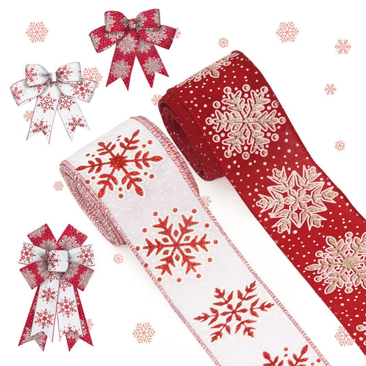 ALIBBON 2 Rolls 2.5" × 10 Yd Christmas Ribbons Snowflake Wired Burlap Ribbons Christmas Decoration Glitter Gold Red Ribbon for Xmas Wreath Bow Making DIY Crafting Gift Wrapping Party Decor
