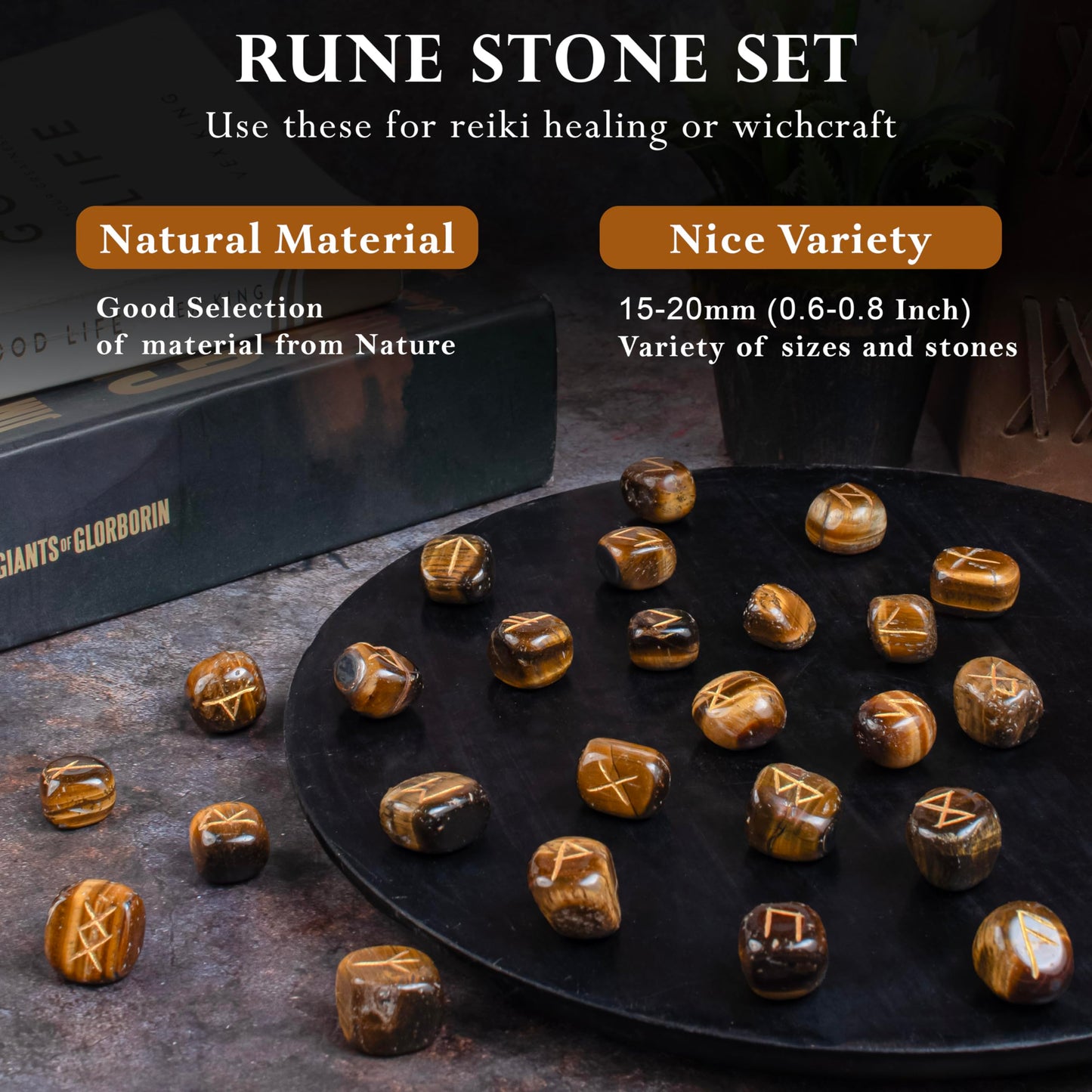 Crocon Tiger Eye Gemstone Tumbled Rune Stones with Elder Futhark Alphabet Engraved 25 pcs Runes Set Crystal Divination Healing Chakra Reiki with a Pouch & A Rune brochure Size : 15-25 mm