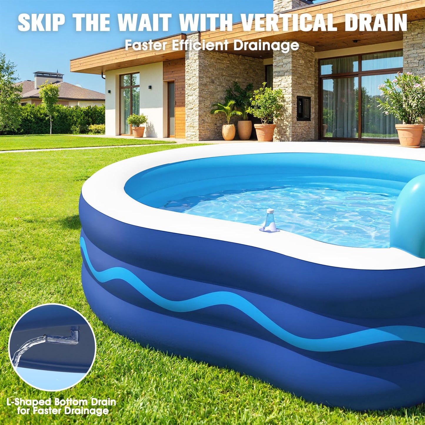 AixPool Inflatable Pool with Seats and Headrest,Oversized Thickened Large Blow Up Pool for Audlt,Inflatable Backyard Pools for Adult,Durable Swim Center Inflatable Family Lounge Pool 90"×90"×20"-White