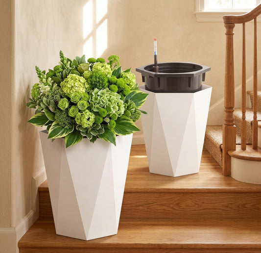 16" White Tall Planters Outdoor Set of 2, Large White Flower Pots Outdoor with Drainage Holes & Automatic Watering System, Modern Large Resin Planters for Outdoor Plants, Front Porch, Deck, Diamond