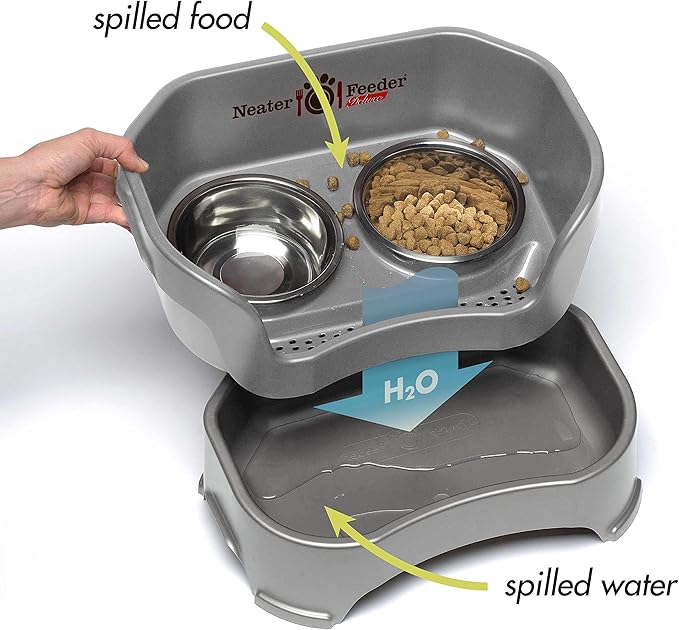 Neater Feeder Deluxe Mess Proof Dog Bowls Elevated for Medium Sized Breeds – Made in USA – No Spill Raised Slow Feeder Elevated Dog Bowl Stand w/Leg Extensions, Food and Water Bowl Set, Grey