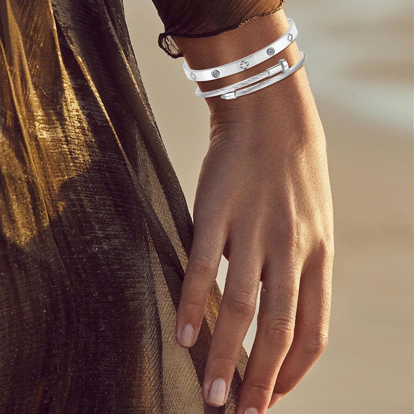 Camhanno Gold Bracelets for Women - Crystal Stackable Bangles with Friendship & Love Theme - Stainless Steel Jewelry, Ideal Birthday Gift (Style 9)
