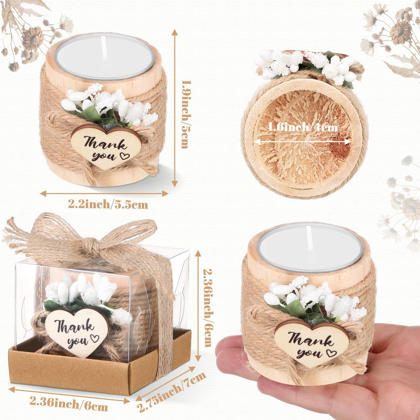 Retisee Wedding Candle Favors for Guests Bridal Shower Wood Memorial Tealight Candle Holder Thank You Gifts Handmade Candles for Wedding Baby Shower Housewarming Table Centerpiece(24 Sets)
