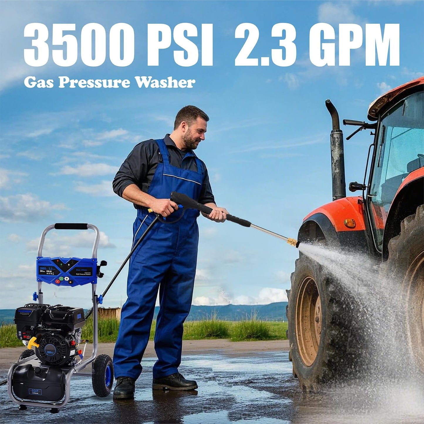 Gas Powered Pressure Washer 3500 PSI, 2.3 GPM Heavy Duty High Power Washer,209CC 7HP Engine with 25Ft Pressure Hose, Axial Aluminum Pump, Soap Tank, 4 Quick Connect Nozzle (Blue)