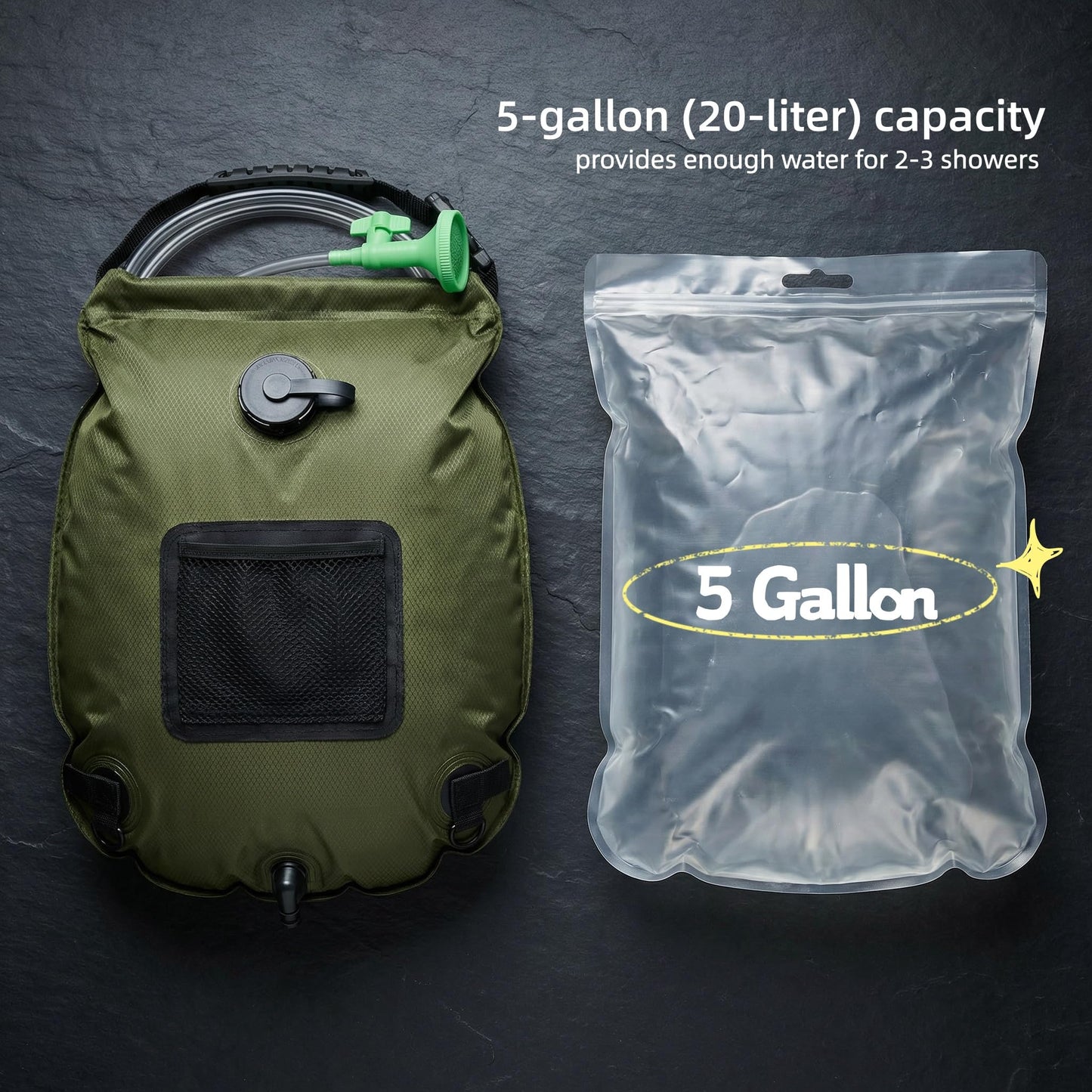 5-Gallon Solar Shower Bag with Real-Time Temp Display - Fast Heating in 20 Mins - Lightweight 0.99lbs Portable Camp Shower for Short Trips & Emergency Backup