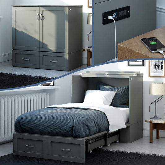 AFI, Hamilton Twin XL Murphy Bed Chest with 6" Mattress, Storage Drawer, and Built-in USB Charger, Grey