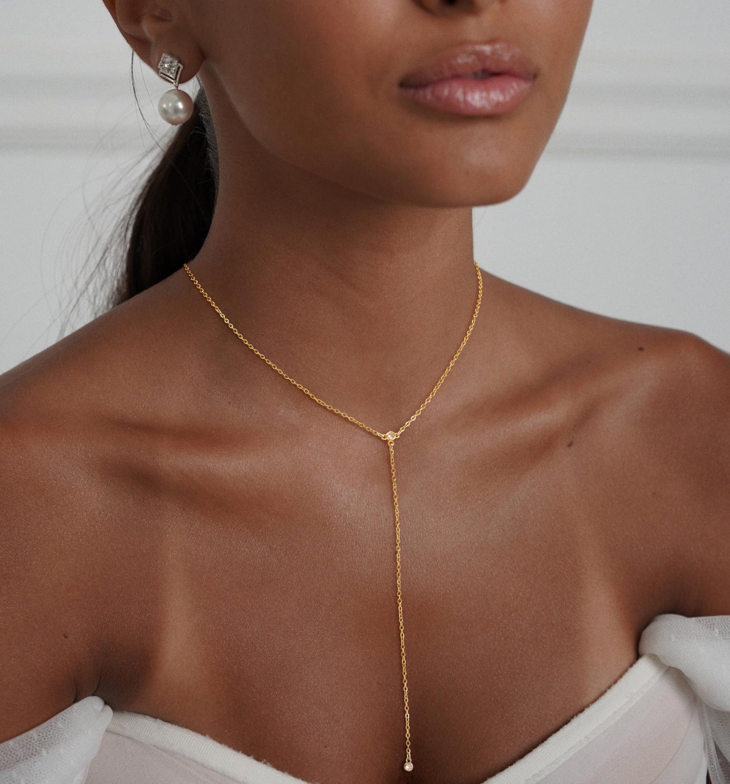 Treasure Bender Lariat Gold Necklace for Women Dainty Long 14k Gold Plated Y-Shaped Body Chain Choker Necklace Zirconia Diamond Pendant Charm Necklaces Non Tarnish Gold Jewelry for Women