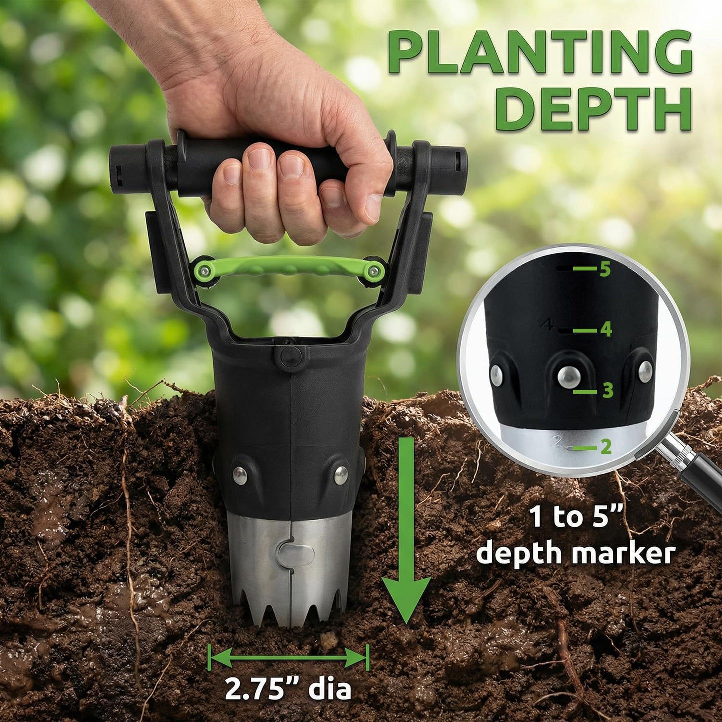 H HUGELEAF Garden Bulb Planter Tool 1-5 Inch Depth, Heavy Duty Galvanized Steel with Serrated Edge & Comfort Grip Handle for Planting Tulip Daffodil Dahlia Onion