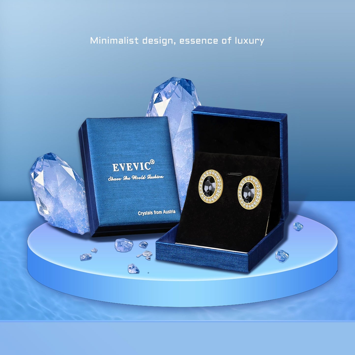 EVEVIC Austrian Crystal Halo Oval Stud Earrings for Women Trendy,14k Gold Plated Hypoallergenic Earring Jewelry Gift (Grey-Black)