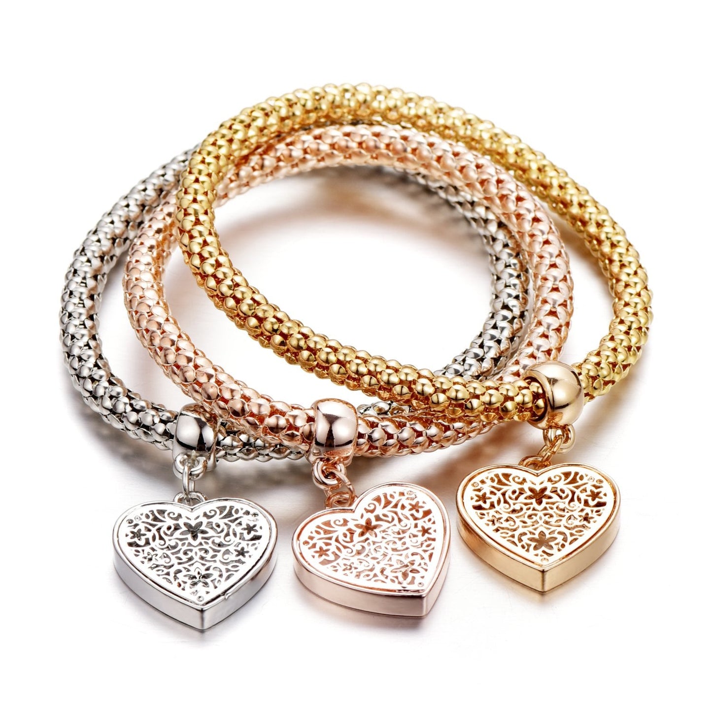 SILANER Crystal Charms Multilayer Bracelets - 3PCS Gold/Silver/Rose Gold Corn Chain Bracelet for Women, Tree of Life Heart Shaped Stretch Bracelet (Heart Charm Bracelets)