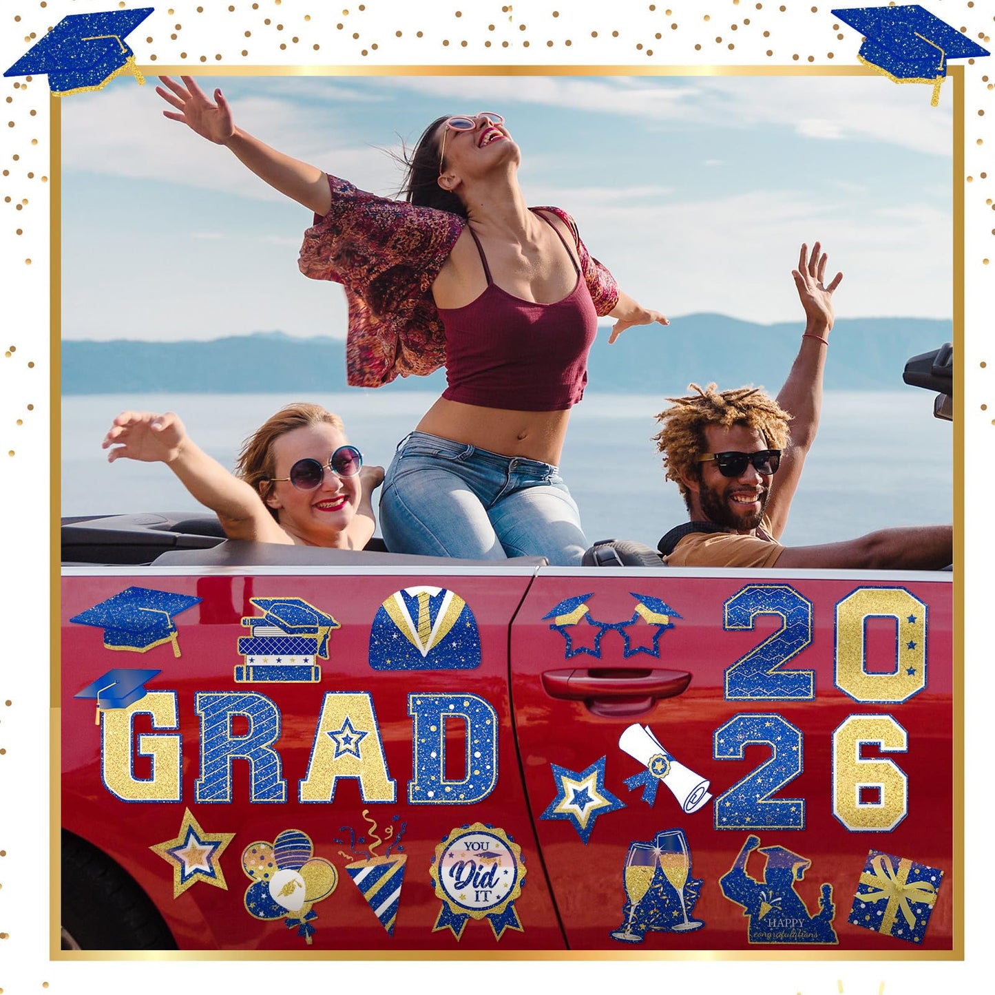 Landhoow 30 Pcs Graduation Car Magnets 2026 Senior Graduation Car Decoration Bumper Sticker Congrats Grad Magnet Magnetic Refrigerator Decal for Grad Parade Party Supplies(Blue, Gold)