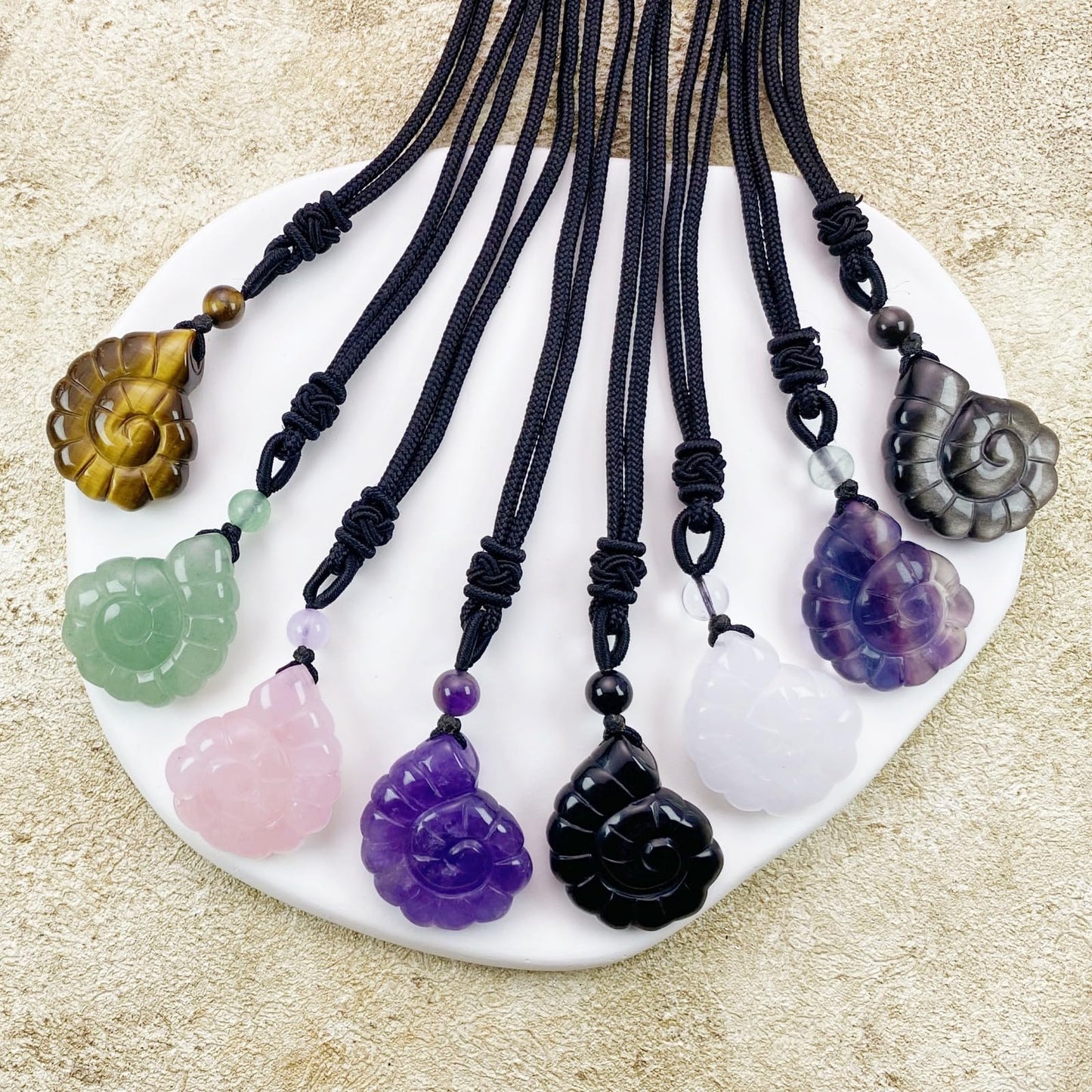 EDEN'S CALL Crystal Conch Shell Necklace for Women Healing Stone Ocean Pendant, Boho Beach Necklace with Polished Natural Gemstone Adjustable Cord Worry Stone Jewelry Gift, Silver Obsidian