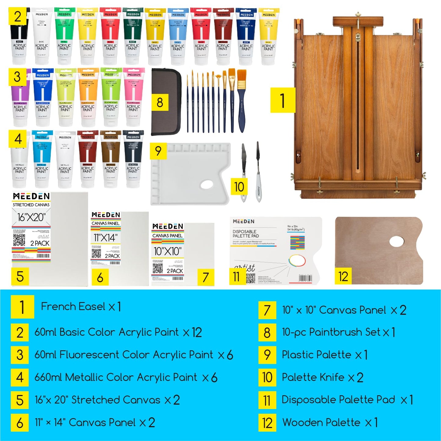 MEEDEN Painting Kit with French Easel, 24 Colors Acrylic Paint Set, 10 Pcs Paint Brush Set, Canvas Set & Art Supplies, Great Painting Set for Beginners & Artists