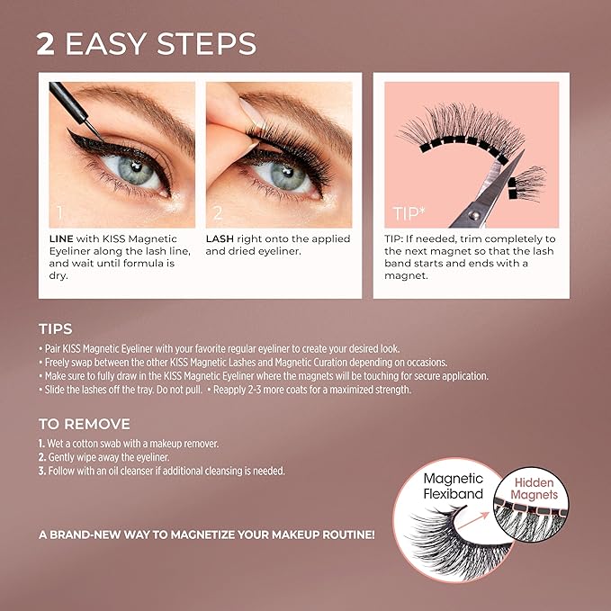 KISS Magnetic False Eyelashes and Eyeliner, ‘Entice’, 12mm, Easy to Apply, Reusable, No Glue, Flexiband Technology, Precision Felt Tip, Fortified Formula, 1 Pair Strip Lashes
