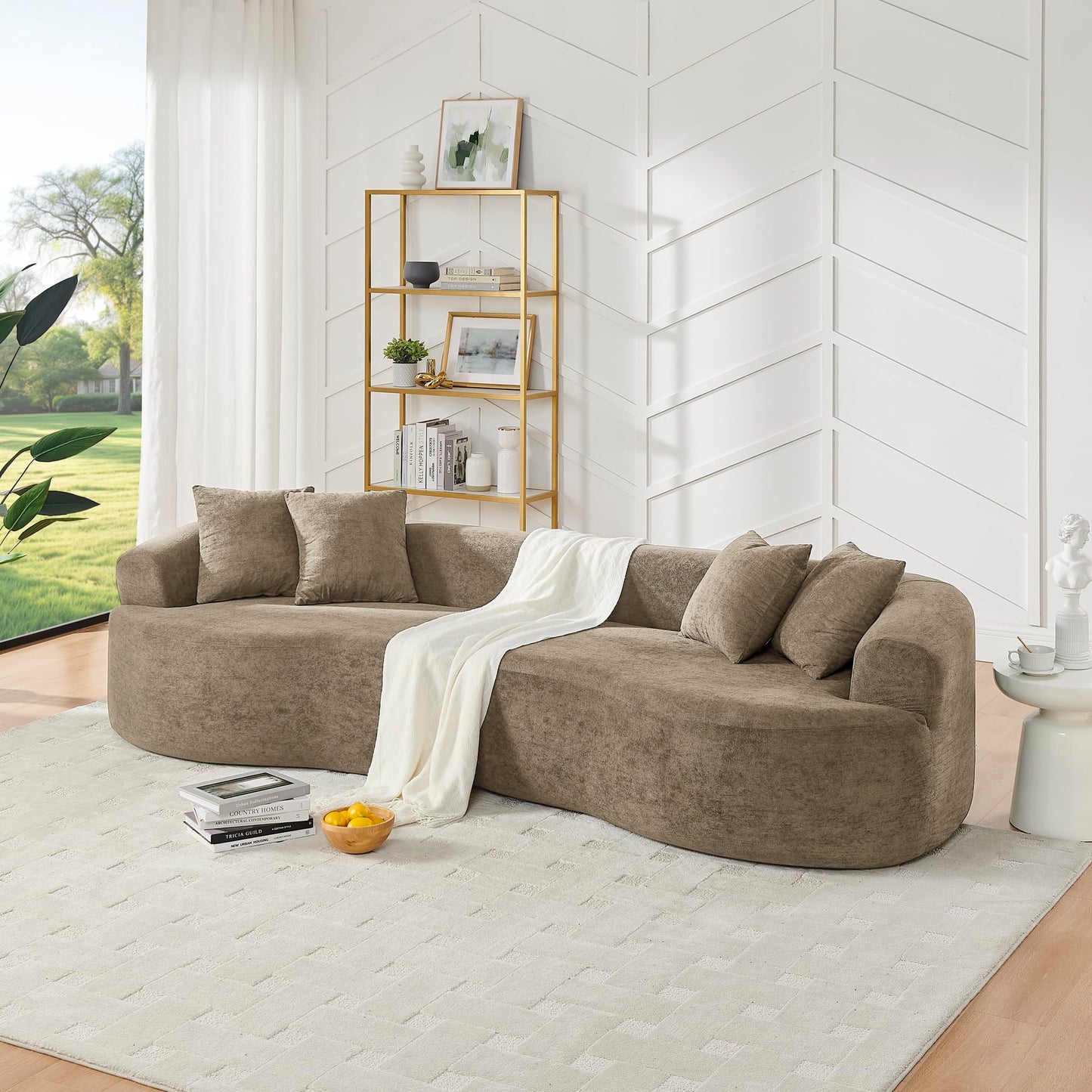 KEIKI 113" Oversized Chenille Curved Modular Sectional Sofa with High-Density Sponge, Upholstered Modern 4-Seater Compression Cloud Couch, No Assembly Needed, for Apartment, Living Room, Light Brown