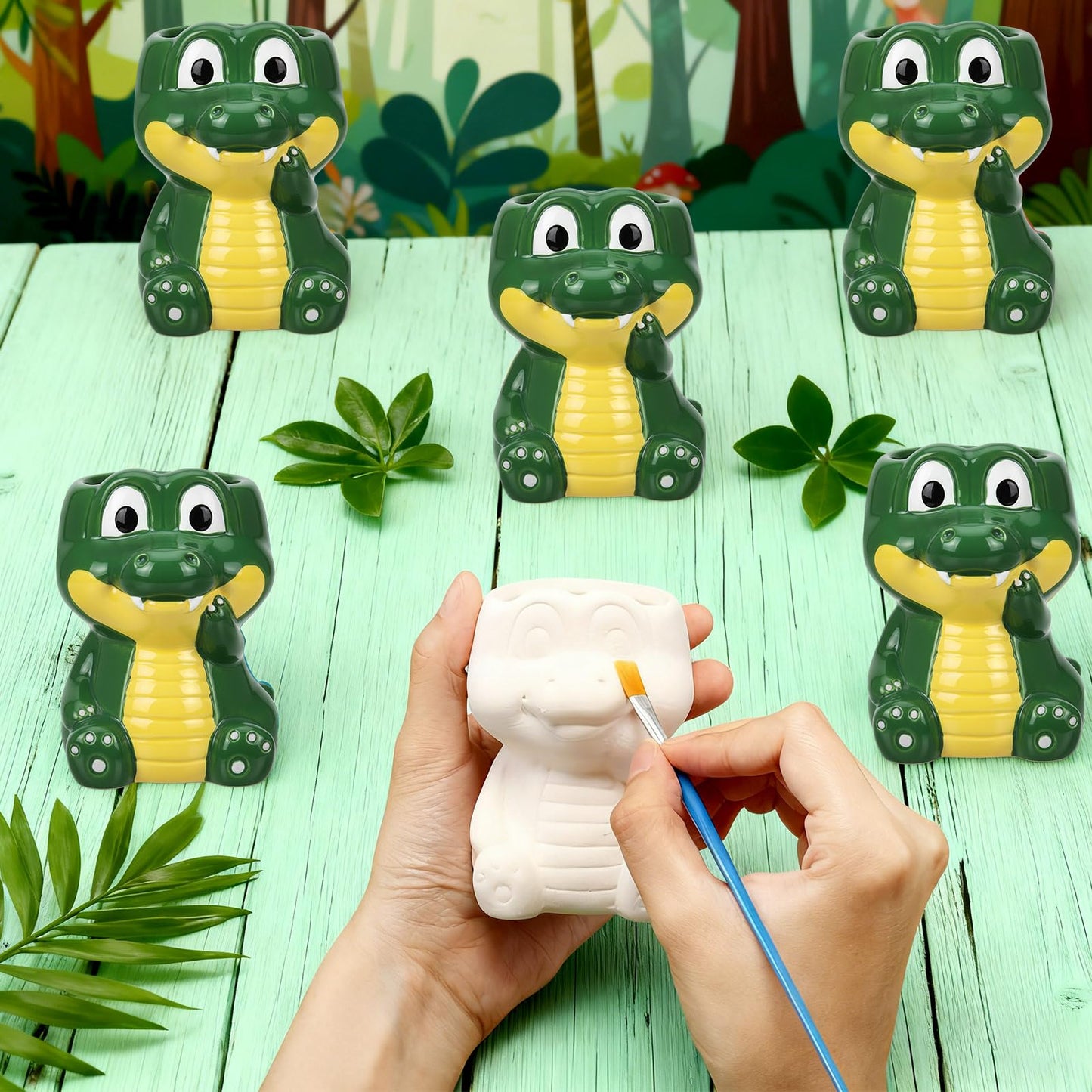 Pasimy 6 Set Ceramics to Paint DIY Ceramic Succulent Planter Pots Paint Your Own Flower Pots Craft Kit Unpainted Bisque Flowerpot with Brush Palette for Family Activity Holiday Gifts (Cute Dinosaur)