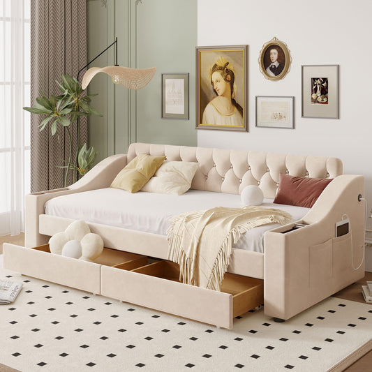 Acosure Twin Size Upholstered Daybed with 2 Large Drawers and USB Port,Bed Frame W/Armrests & Wood Slat Spport,for Bedroom,Apartment,Guest Room,Beige