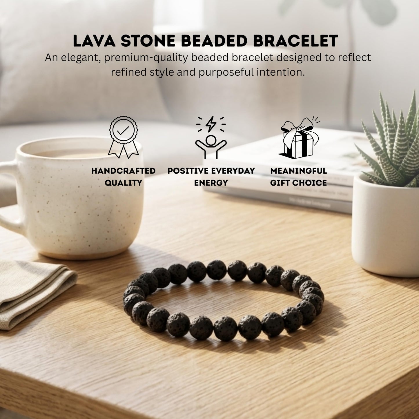 Cherry Tree Collection Lava Beaded Bracelet – Genuine 8mm Gemstone Stretch Bracelet for Men & Women – Handmade Crystal Bracelet - (Lava - S)